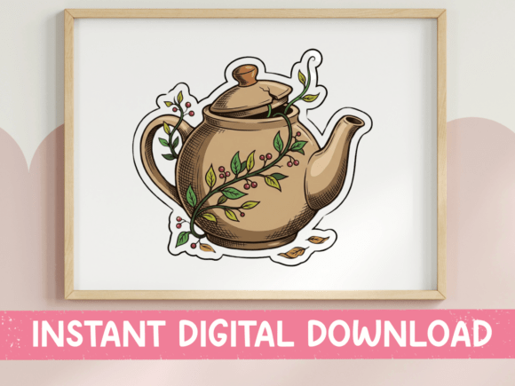 Botanical Illustrated Teapot Sticker: Graphics for T-Shirt Designs