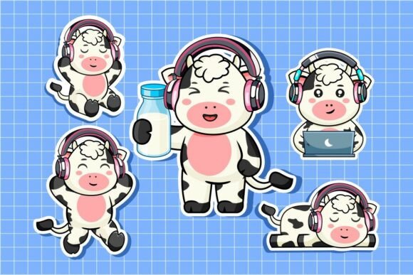 Cute Cow with Headphones Sticker Set Graphics