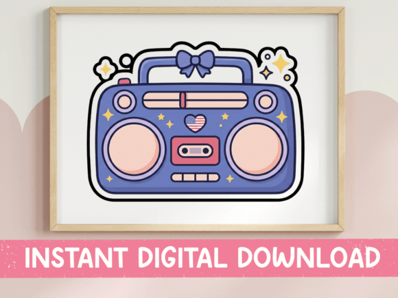 Cute Kawaii Boombox with Bow Sticker Graphics