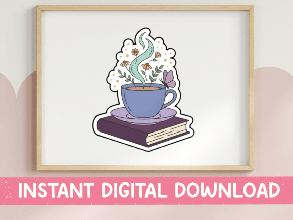 Floral Tea Cup on Books Sticker: Graphics for T-Shirt Designs