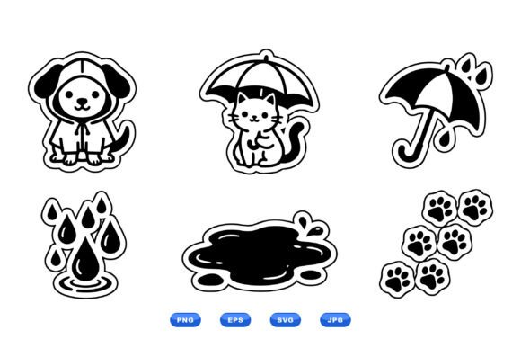 Rainy Day Pet Sticker SVGs: Graphics for Editorial and Web Design