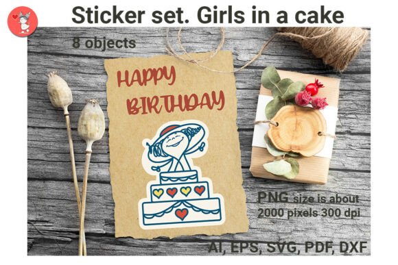 Sticker Set. Girls in a Cake